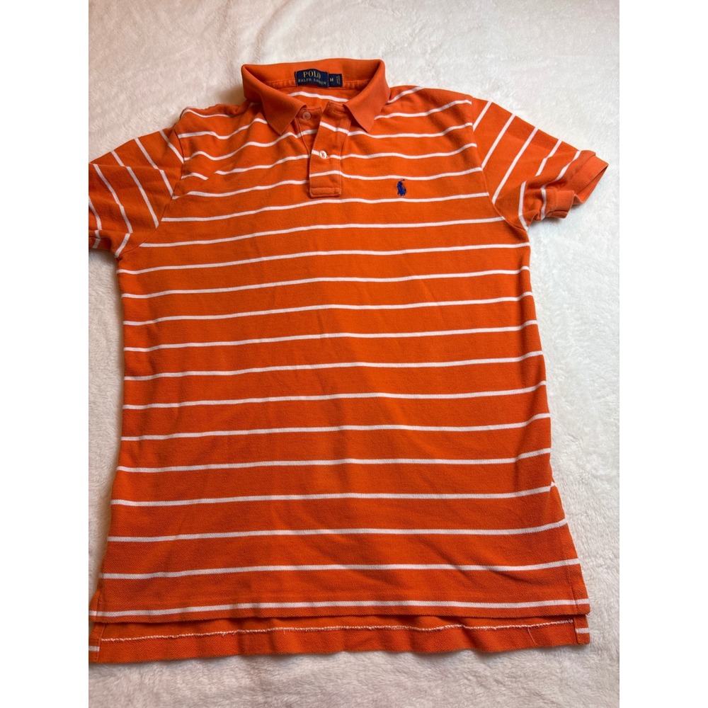 Polo Ralph Lauren Mens Orange White Striped Short Sleeve Pique Polo Shirt Medium